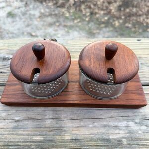 Luthje Denmark Teak Wood Condiment Tray 2 Jars 2 Lids Holiday Relish Serving Set